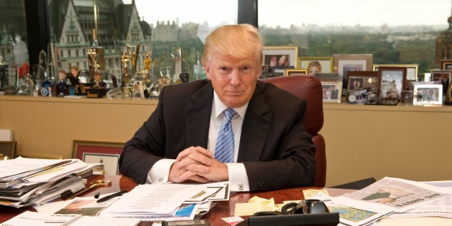Donald trump in his office posing for a picture. 