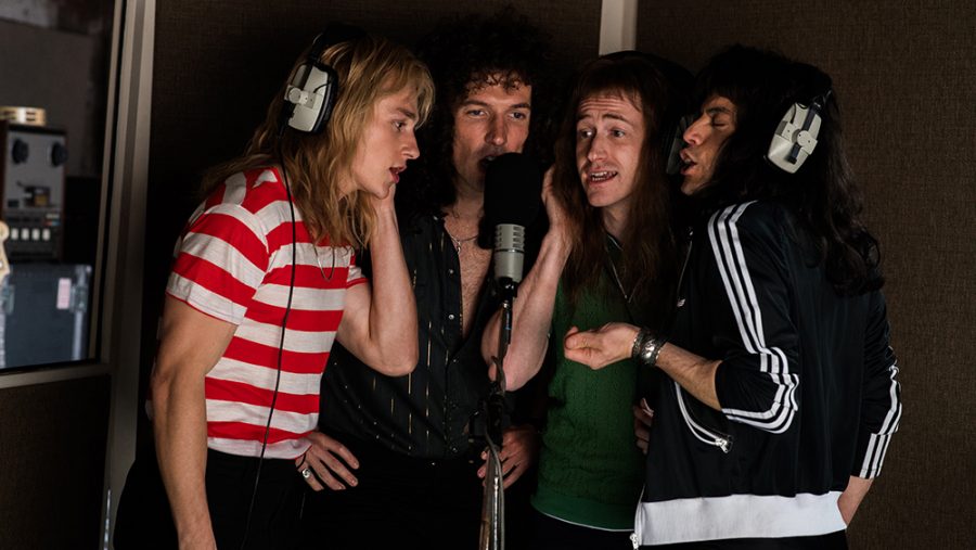 L-R: Roger Taylor (Ben Hardy), Brian May (Gwilym Lee), John Deacon (Joe Mazzello), and Freddie Mercury (Rami Malek) 