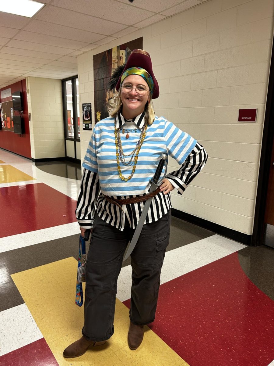 English teacher Angela Houghton dressed as a pirate for Pirates vs Sailors day.